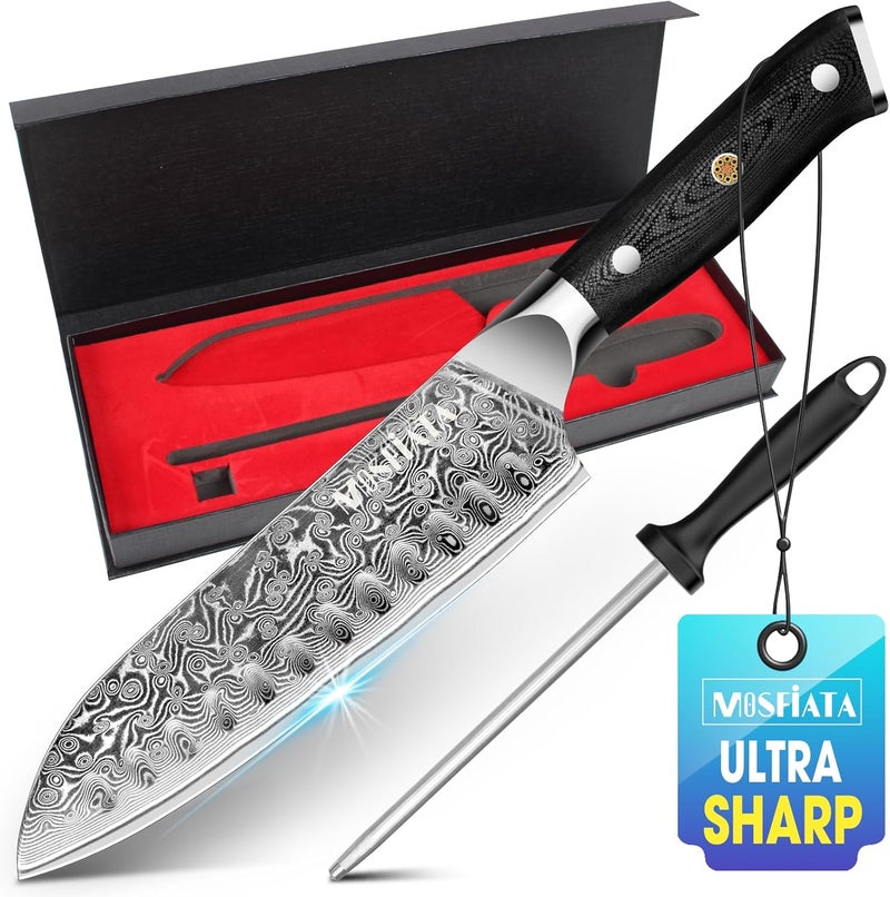 MOSFiATA Chef Knife,Kitchen Knife Santoku Chef's Knife 7 inch Multifunction Kitchen Knives Damascus Steel VG-10 Blade,Knife Sharpener Rod Gift Box - Image 1